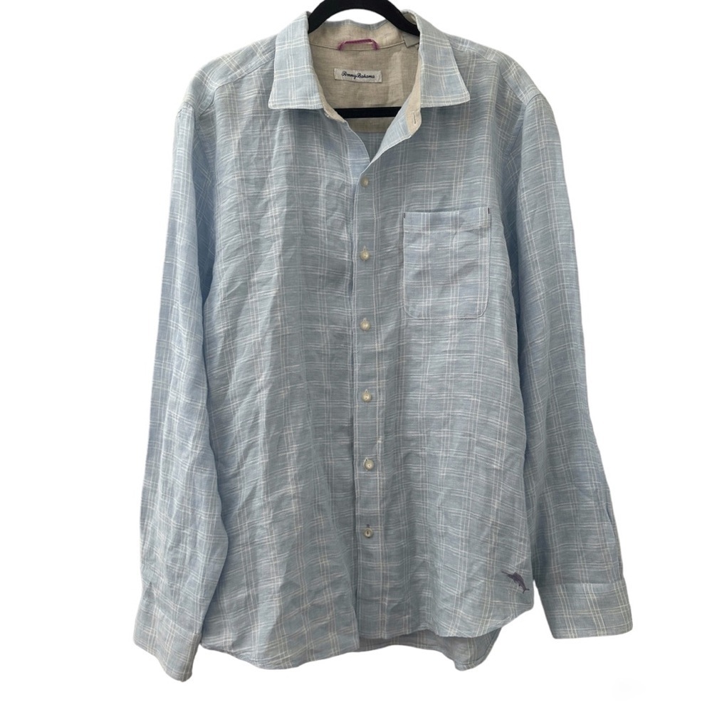Tommy Bahama Ventana Plaid Linen Shirt Button Down Lagenlook Resort Cruise Large